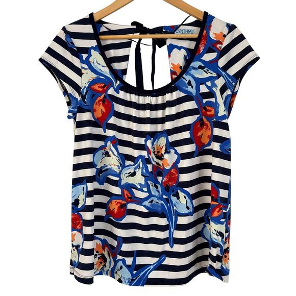 Cynthia Rowley Striped Floral Tie-Back Blouse Top Women’s Size Large Scoop Neck - Picture 1 of 6